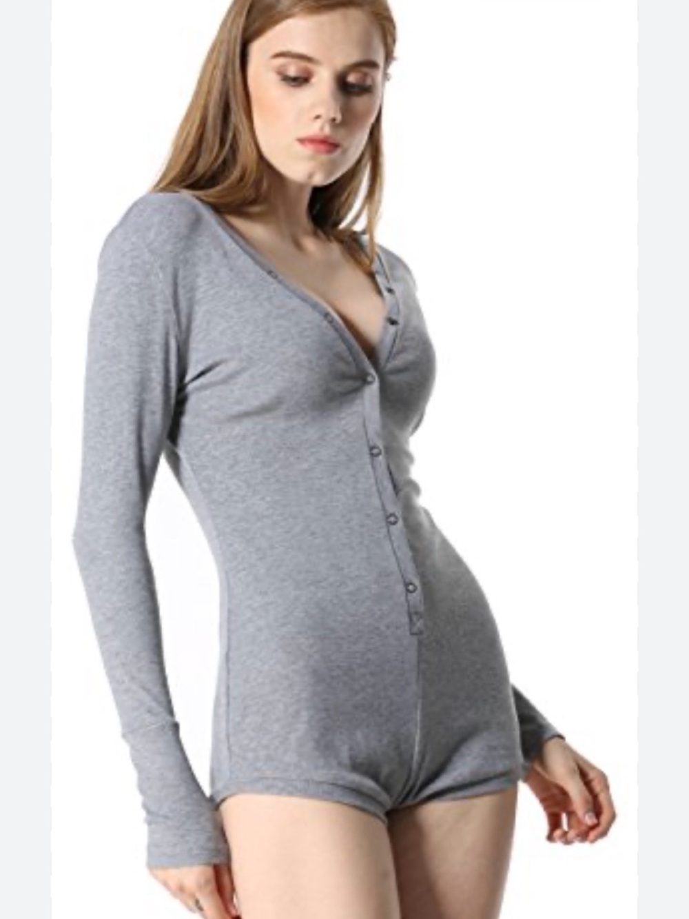 Sexy and cozy pajama -  Gray Long Sleeve Snap-Front Bodysuit